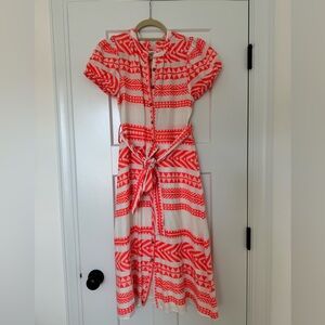 dRA Los Angeles Sera Midi Neon Orange White Aztec Midi Puff Sleeve Dress X-Small